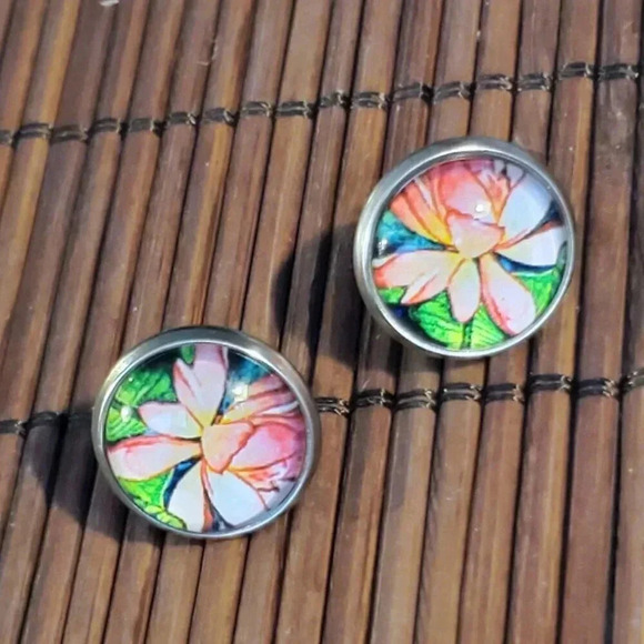 Lotus Flower Zen Garden Pink Green Antiqued Brass Stud Handcrafted Earrings - Picture 8 of 8